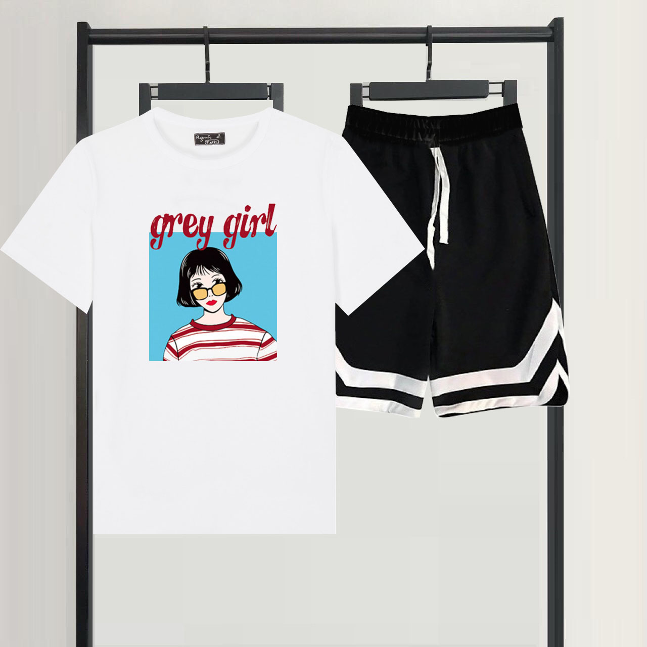 Sét Bộ Đùi Mùa Hè Thời Trang Ulzzang Nữ In 3D Cô Gái Grey Girl Mặc Đi Chơi Cá Tính, Mặc Ở Nhà, Áo Cotton Mix Quần Đùi Viền V Phong Cách