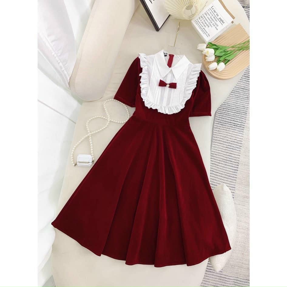 Đầm thời trang nữ đi tiệc,đầm nhung phối trắng viền bèo cổ bẻ dáng xòe đính nơ ngực dx