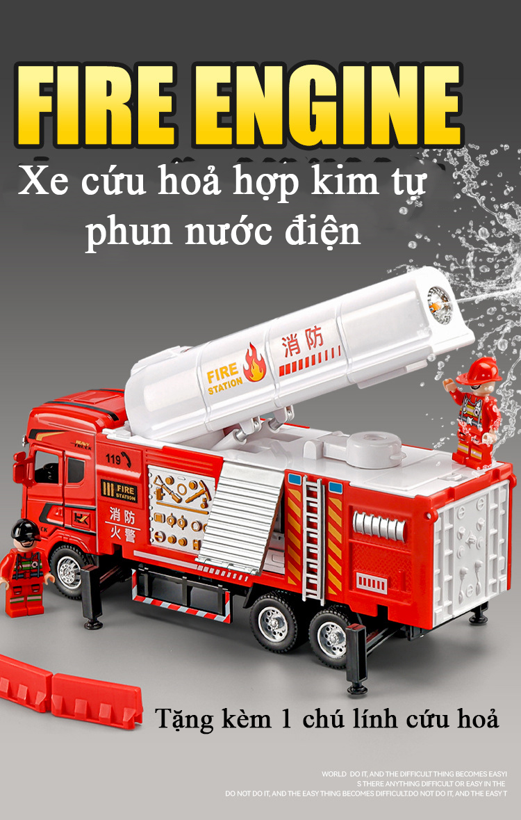 Đồ chơi xe cứu hoả bằng hợp kim tự phun nước điện nâng hạ ống phun kèm 1 chú lính cứu hoả