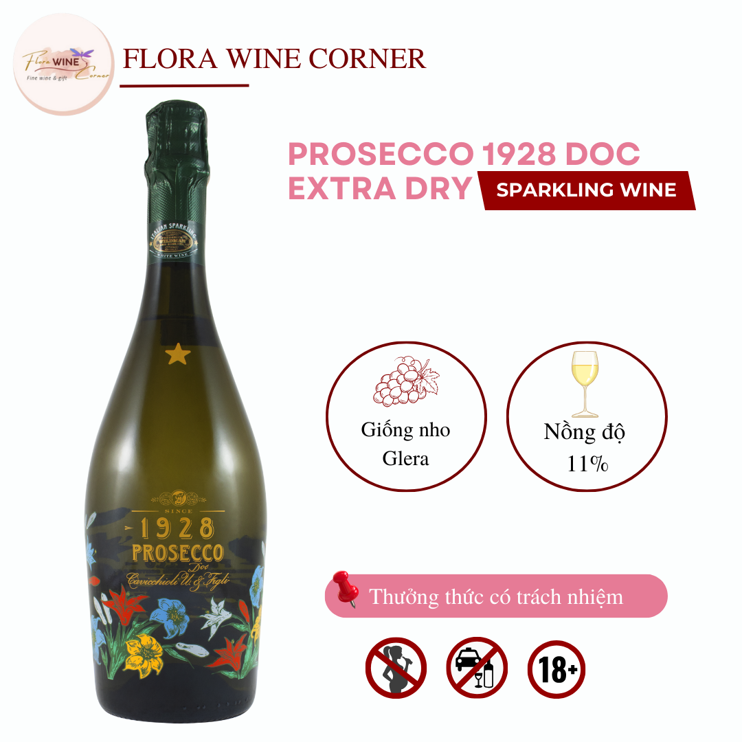 Rượu vang sủi Ý 1928 Cavicchioli DOC Extra Dry– Nồng độ 11% Alc, 750ml - Nhập khẩu Chính Hãng
