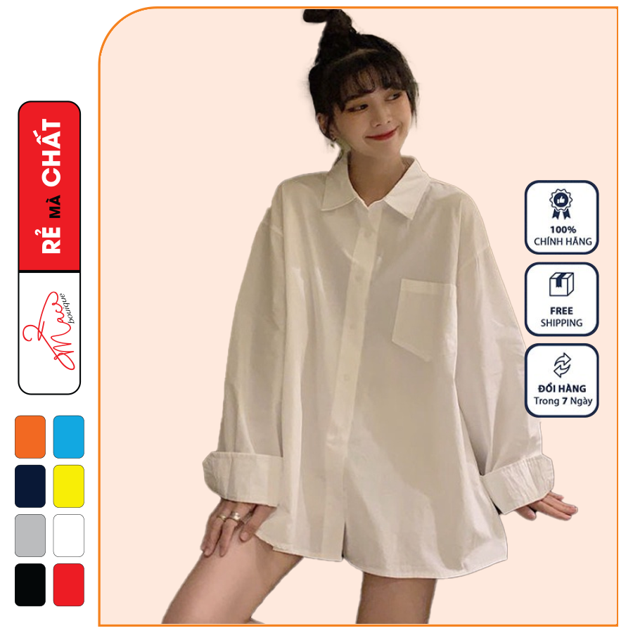Áo sơ mi dáng rộng nữ nam trơn Basic Unisex Dài Tay trắng đen chất cotton lụa