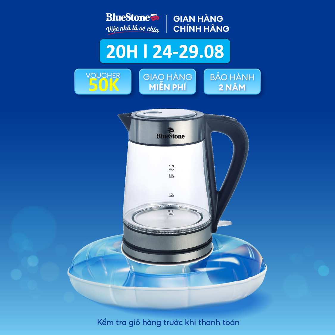 Ấm Đun Nước Siêu Tốc Thủy Tinh BlueStone KTB-3426 (1,7 lít) - Công suất 1800W-2150W - Bộ điều khiển strix cao cấp của Anh - Bảo hành 2 năm - Hàng Chính Hãng