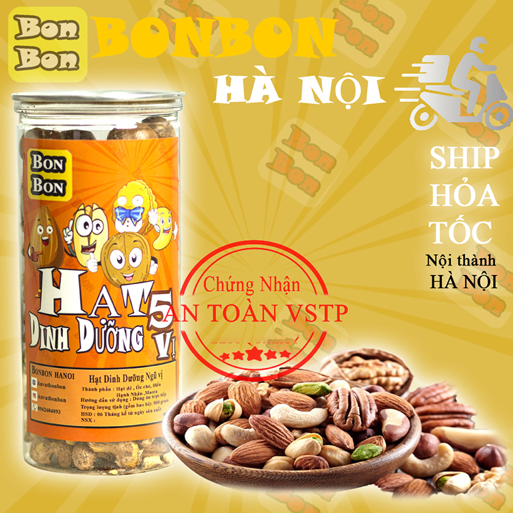 Hạt dinh dưỡng ngũ vị 500g BONBON Đồ ăn vặt Hà Nội vừa ngon,vừa rẻ (Hạt dẻ +Hạt óc chó+Điều + Hạnh nhân+ Macca ) Bonbon