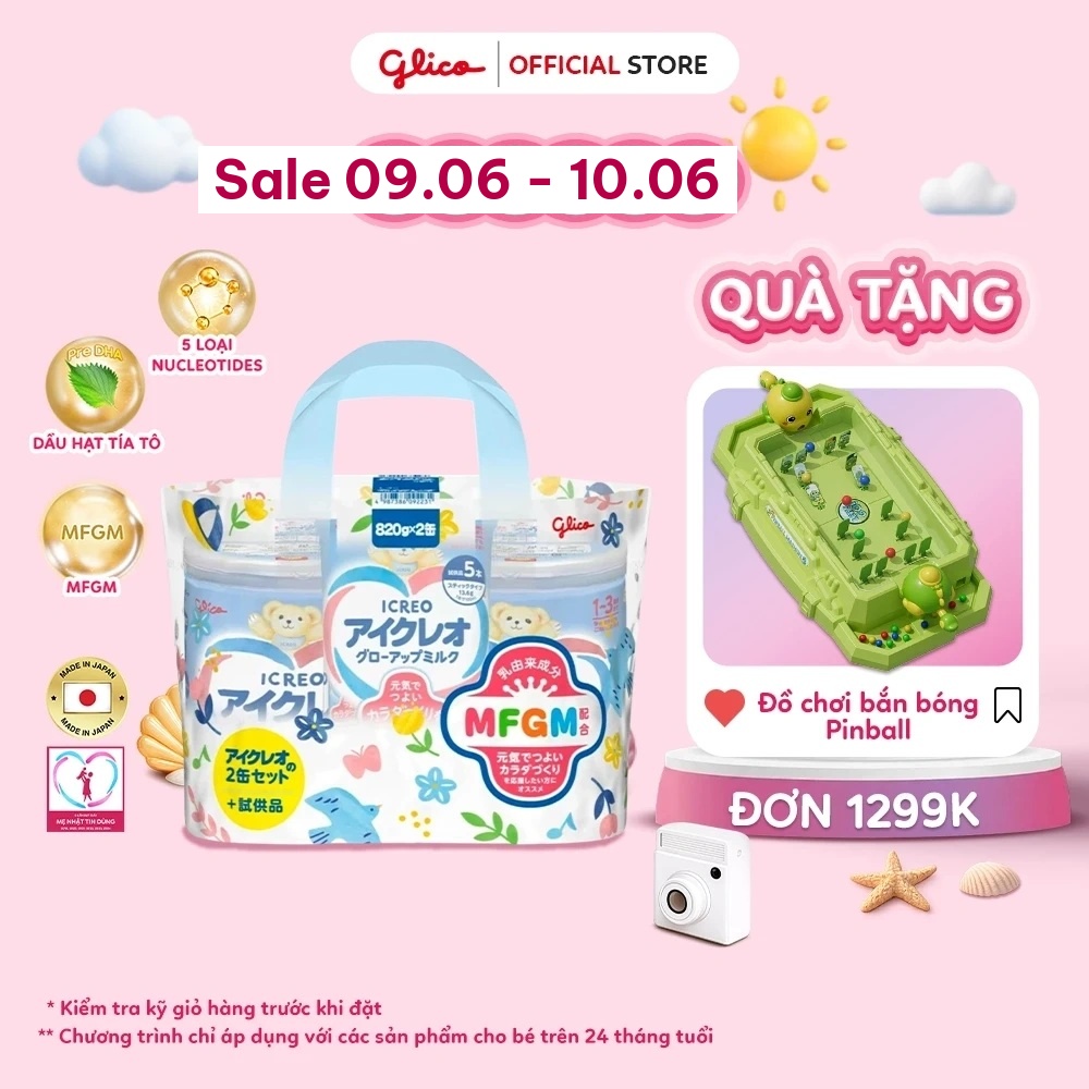 (FREEESHIP-QUÀ) Combo 2 Lon Sữa Bột Glico Icreo Grow-Up Milk (820g/lon) Tặng Kèm 5 Thanh Sữa Tiện Dụng 13.6g