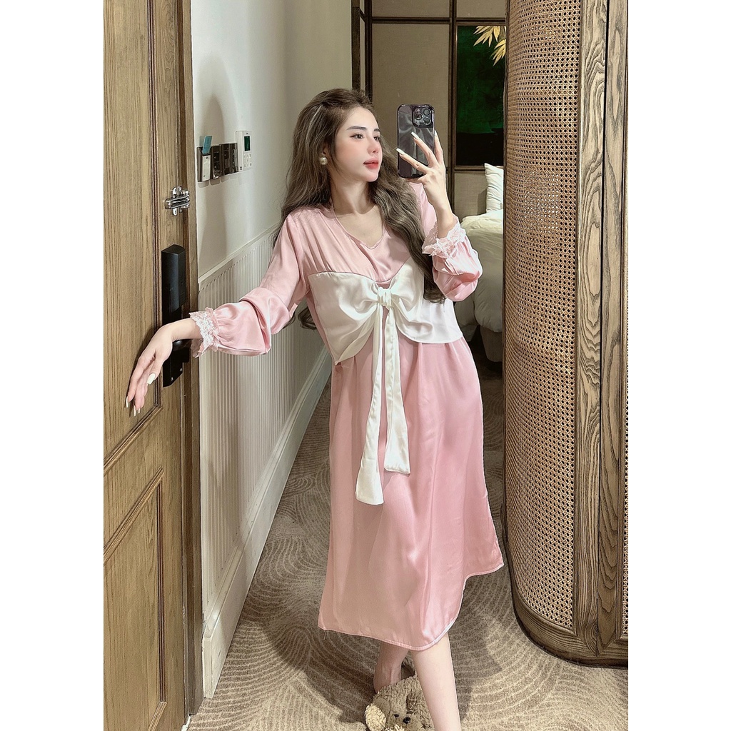 Đầm ngủ tiểu thư tay dài nơ dáng suông chất lụa siêu cưng - đầm thiết kế freesize