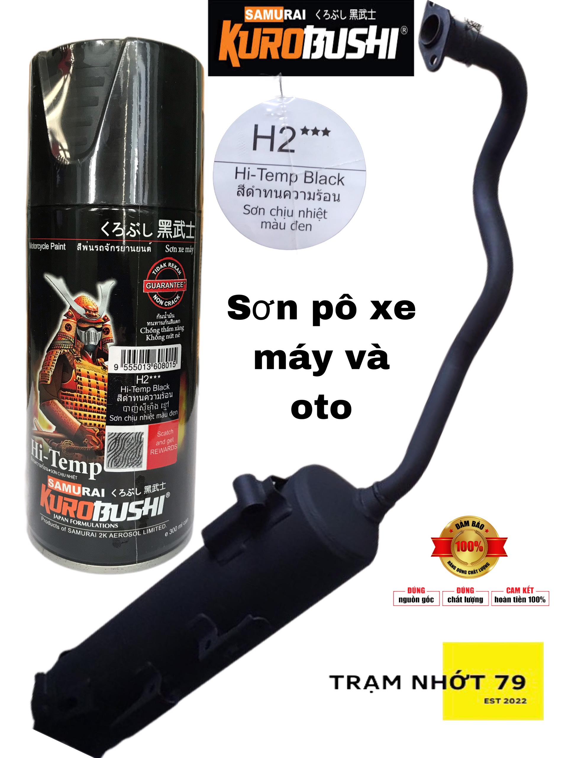 Sơn Samurai - Sơn chống cháy - Sơn chụi nhiệt pô xe máy, oto - Sơn Samurai chụi nhiệt H2 đen mờ 300mL