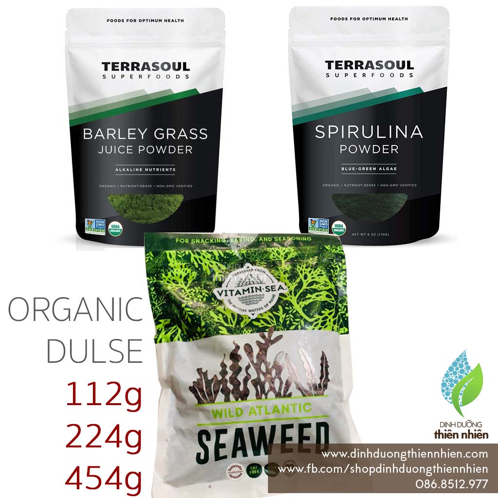 Combo 3 món: tảo biển dulse hữu cơ , bột tảo spirulina hữu cơ, bột nước ép cỏ lúa mạch barley grass hữu cơ
