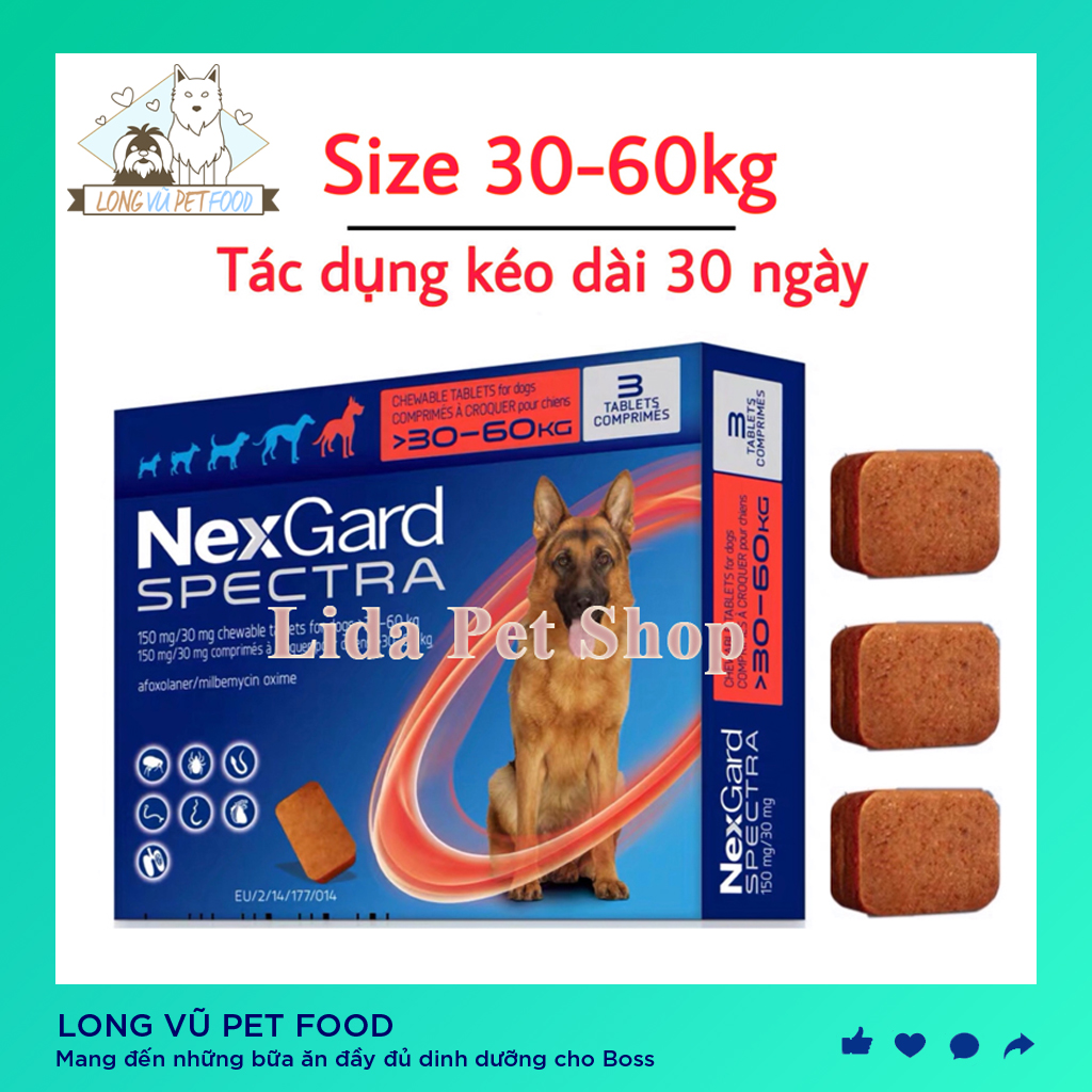 NEXGARD SPECTRA Thuốc trị ve ghẻ bọ chét demodex tẩy giun cho chó - Hộp 3 viên (30-60kg) - Long Vũ Pet Food