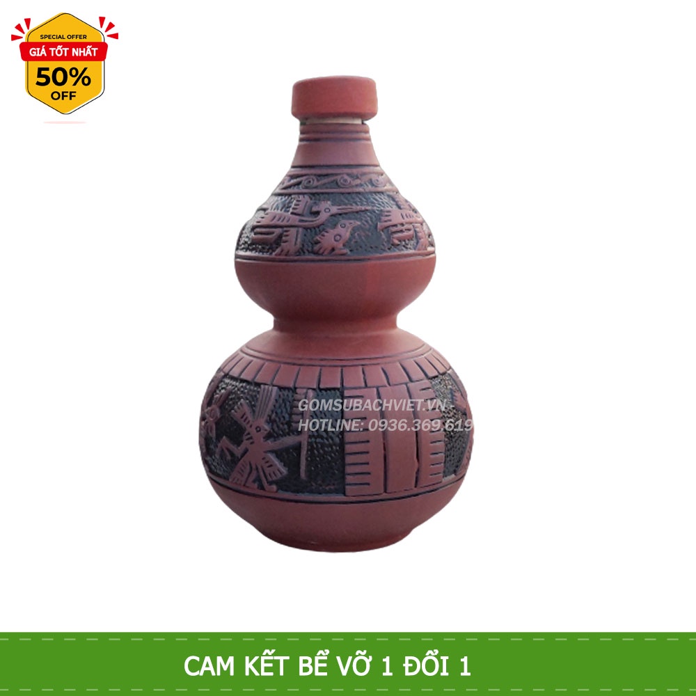 Nậm sành (Bình) đựng rượu hồ lô thấp Bát Tràng dung tích 1 lít