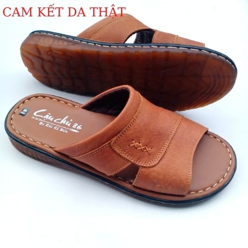 Dép da bò nam quai ngang dm607 đế may khâu chắc chắn