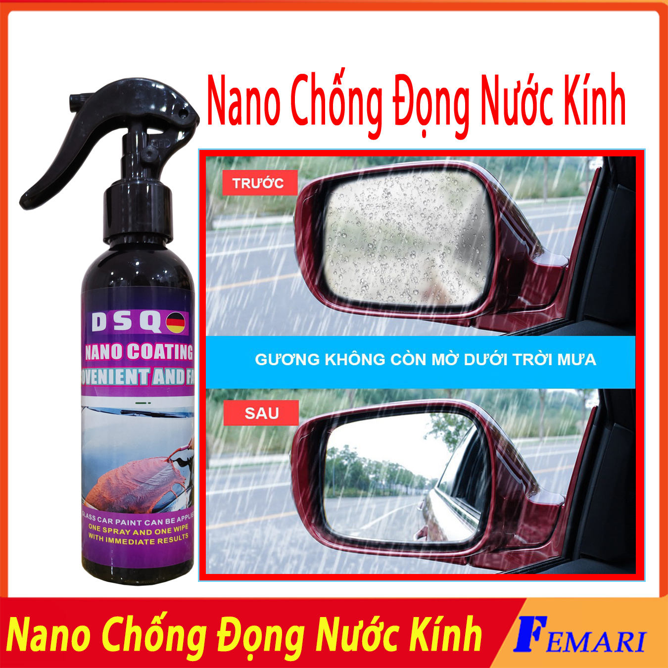 [ Hàng Chuẩn ] Chai xịt phủ nano kính xe ô tô - Chống nước cho kính - Phủ bóng sơn xe máy ô tô DSQ Nano Coating FEMARI