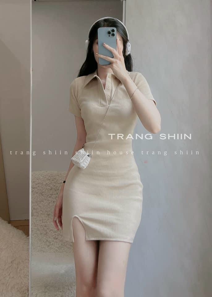 Đầm nữ thời trang mặc đi chơi chất thun gân cổ sơmi tay ngắn váy ôm body xẻ nhỏ sexy