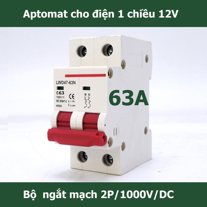 Bộ Aptomat ngắt mạch CB DC 1000V 2P 63A - át dùng cho điện 1 chiều năng lượng mặt trời-át 1 chiều- cầu dao 1 chiều- sạc pin năng lượng mặt trời