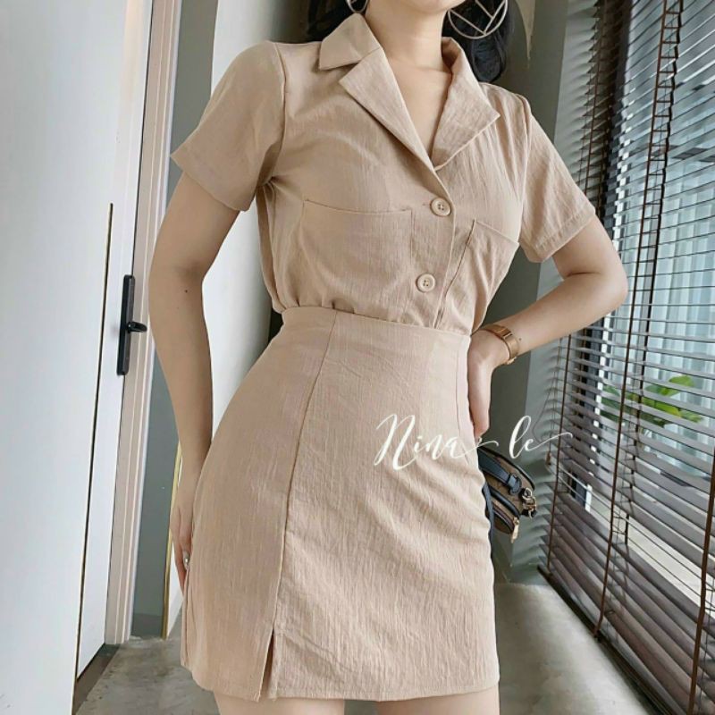 Set áo vest chân váy xẻ tà