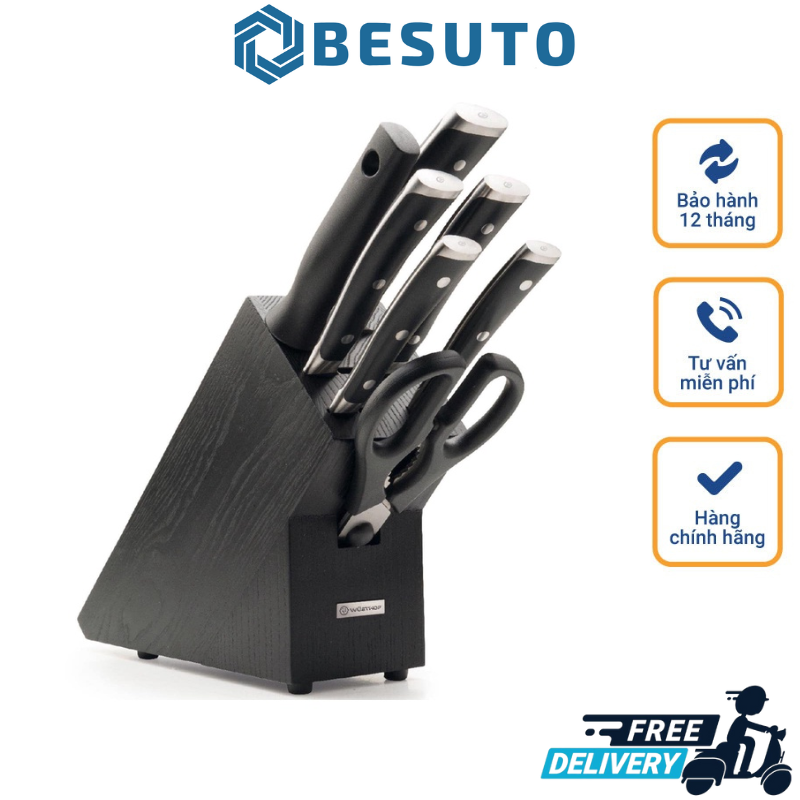 Bộ dao wusthof classic black 7 món, chất liệu thép không gỉ nguyên khối, gỗ cắm dao cao cấp, nhập đức, bảo hành 12 tháng