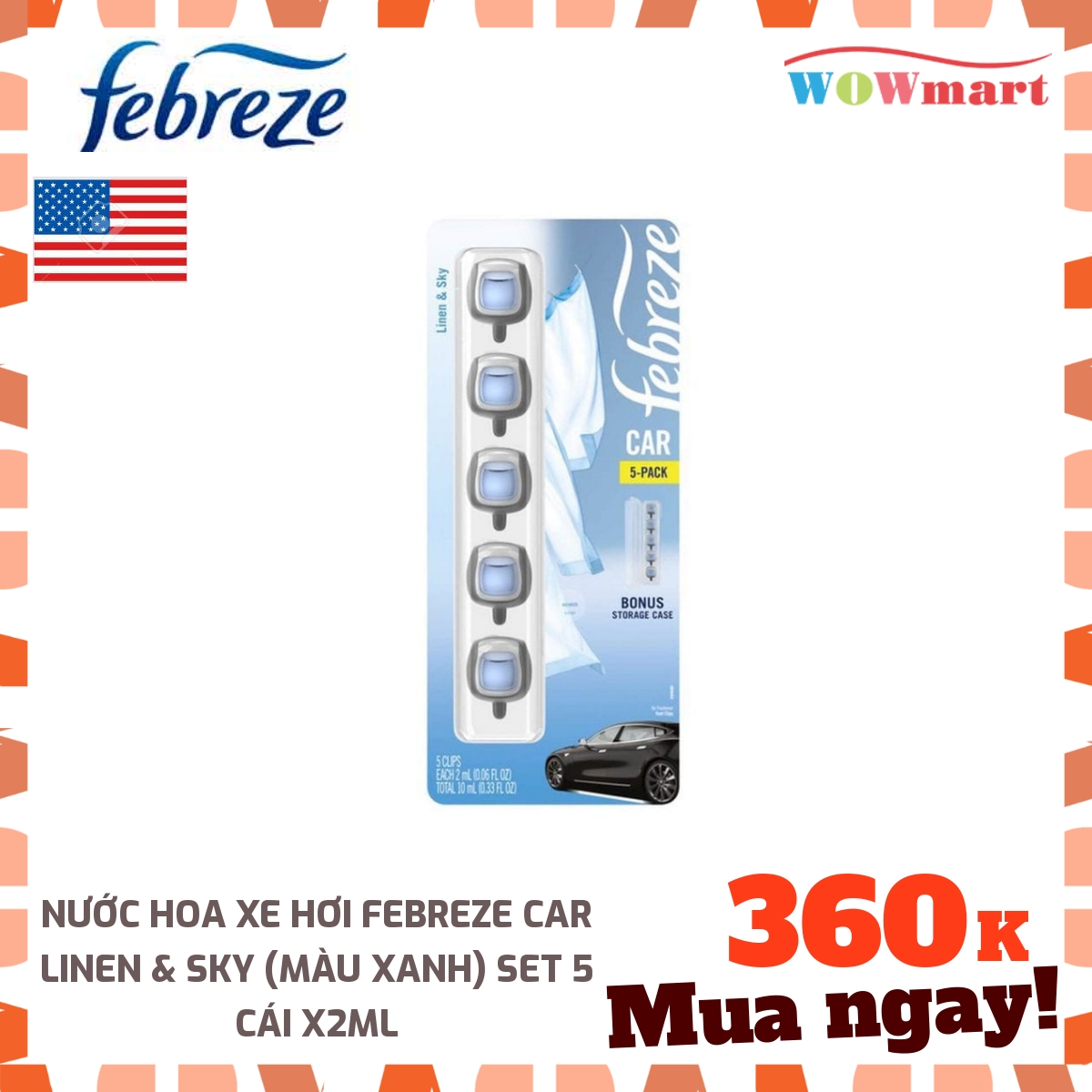 [HCM]Nước hoa xe hơi Febreze Car Linen & Sky (màu xanh) set 5 cái x2ml