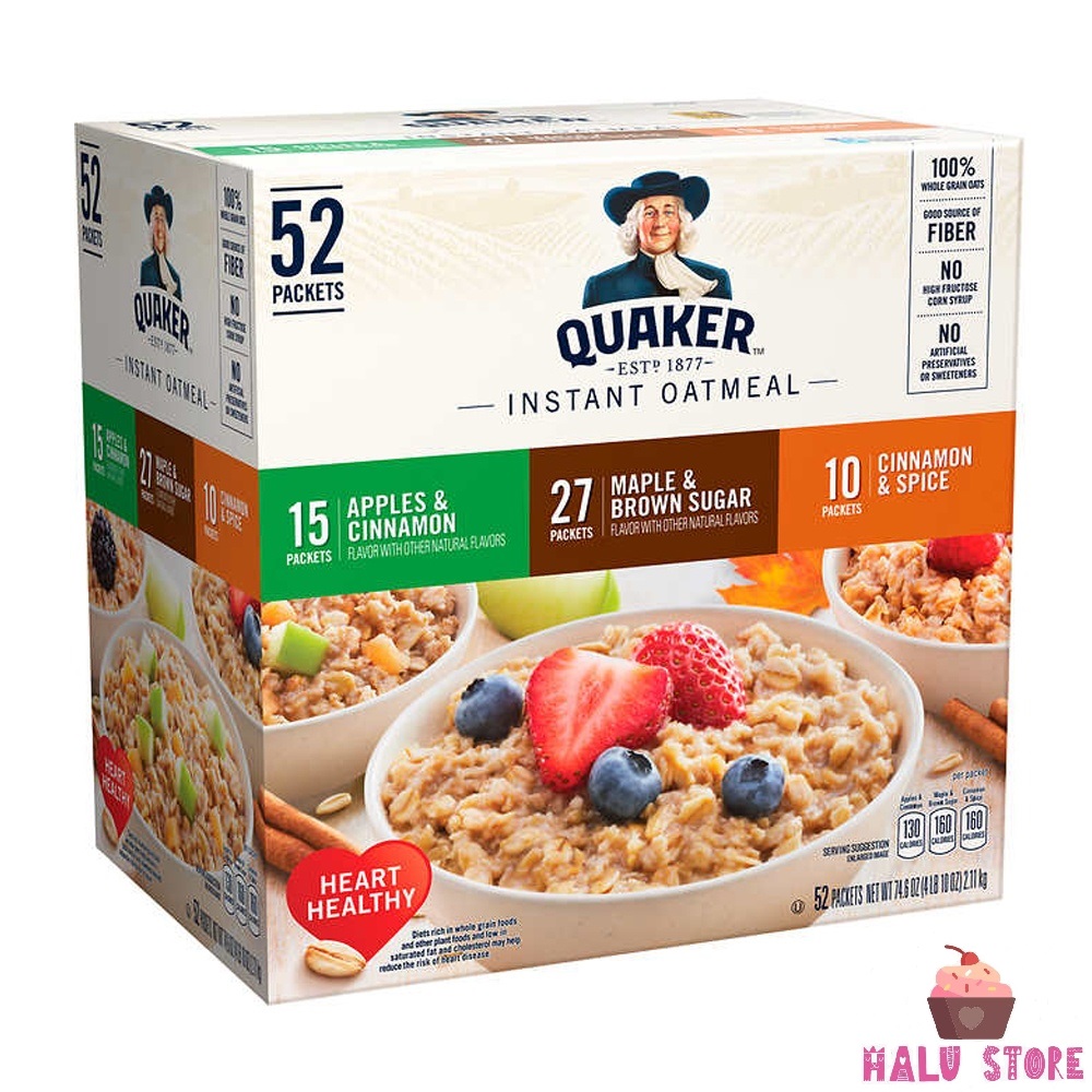 [THÙNG 52 GÓI / 2,23KG] Gói Yến Mạch Nấu Ăn Liền Cực Nhanh Tiện Lợi Quaker Instant Oatmeal - 3 Mùi Vị Cực Ngon - Mỹ