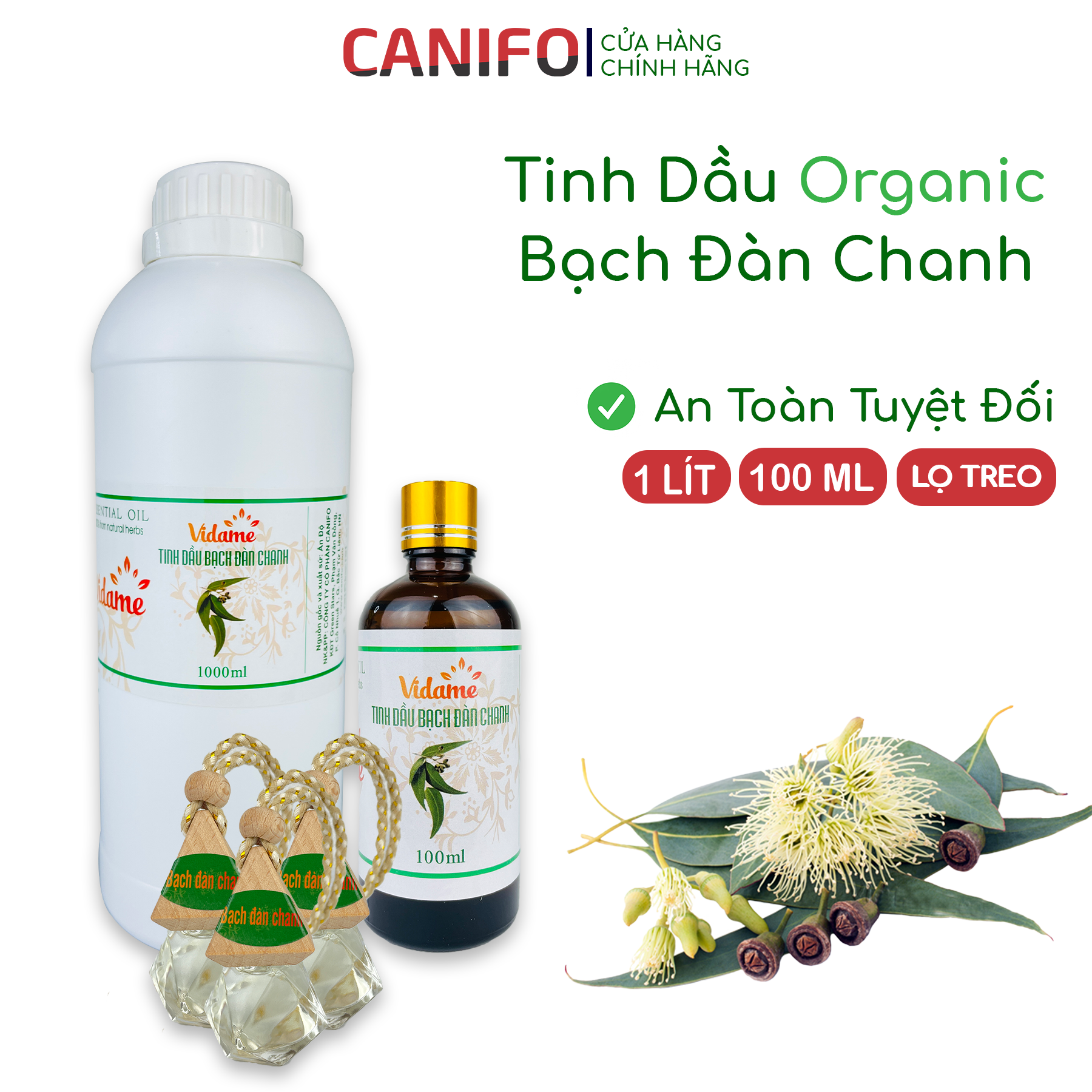 Tinh dầu bạch đàn chanh - CANIFO Organic chai 1 lít, 100ml và lọ treo xe, Tinh dầu thơm xông phòng, đuổi chuột, muỗi và côn trùng, thơm mát, khử mùi và kháng khuẩn