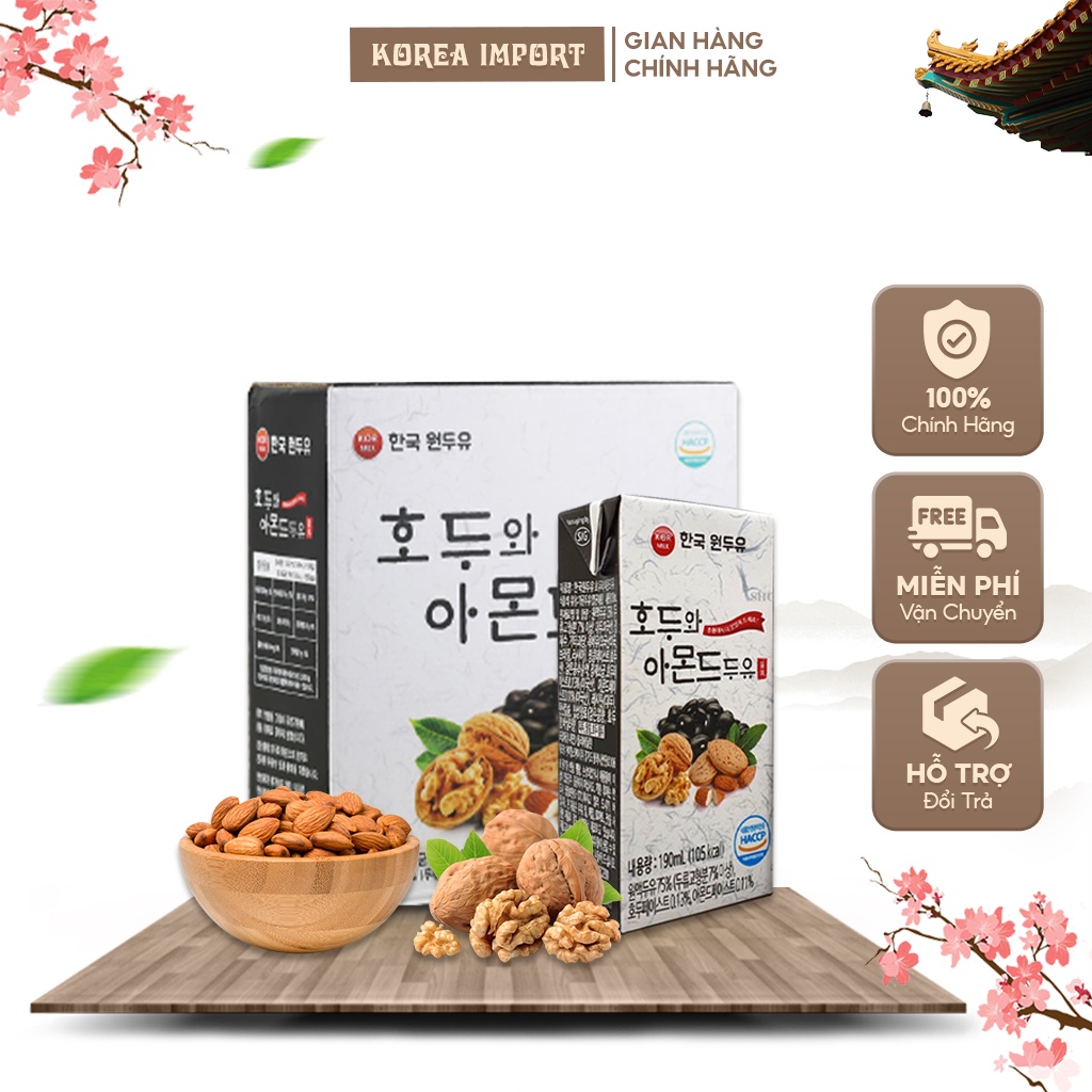 Sữa óc chó hạnh nhân Kokmilk nhập khẩu chính hãng Hàn Quốc, thùng 16 hộp 190ml