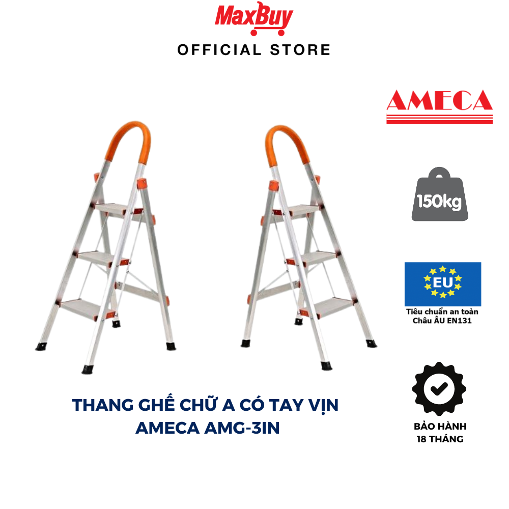 Thang Ghế Inox 3 Bậc Ameca Inox sáng bóng Không han gỉ Chắc chắn Gấp gọn Bậc thang bản rộng Bảo hành 18 tháng AMG 3IN