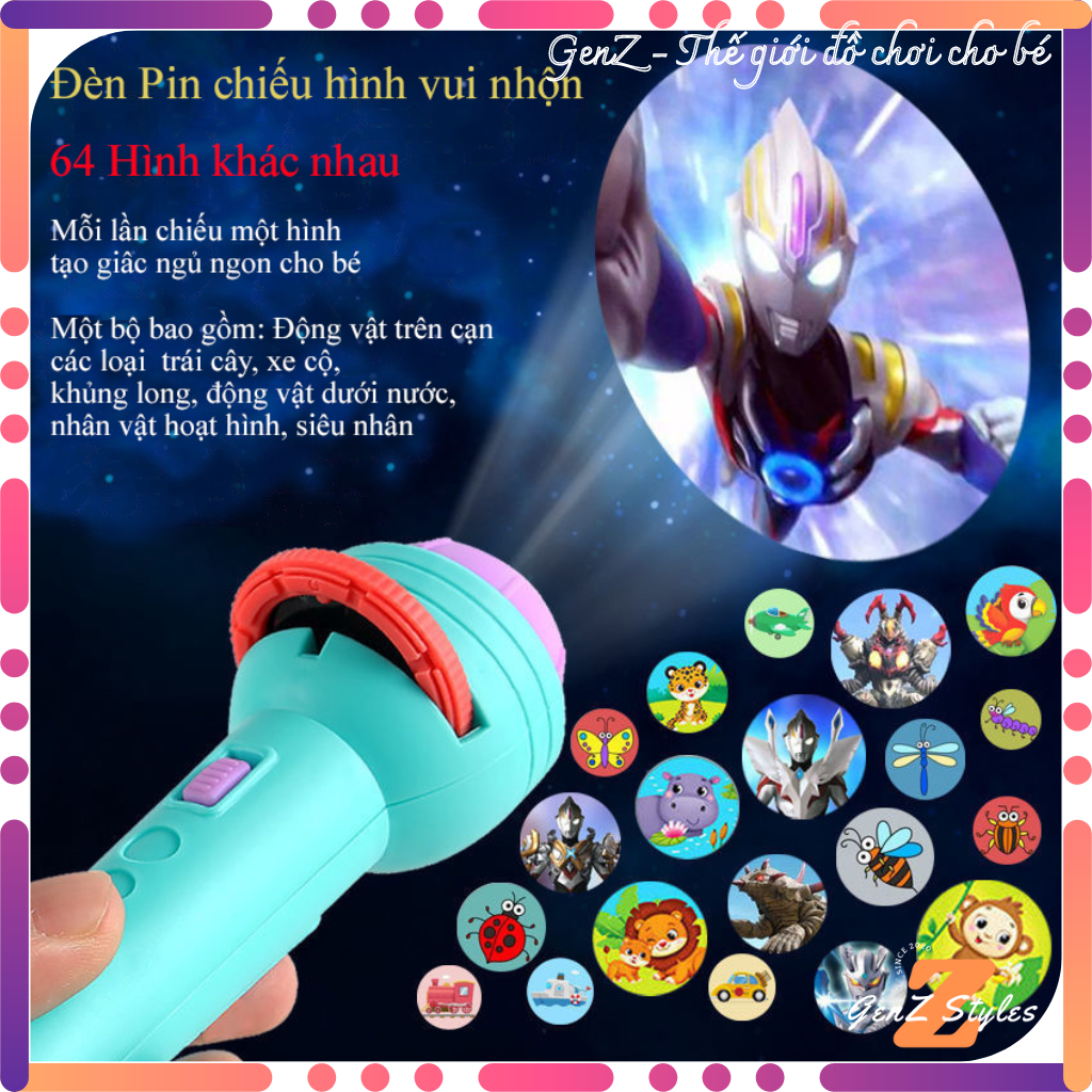 Đồ chơi trẻ em Đèn pin chiếu hình 3D cho bé chơi, Đèn pin chiếu hình 80 hình full bộ