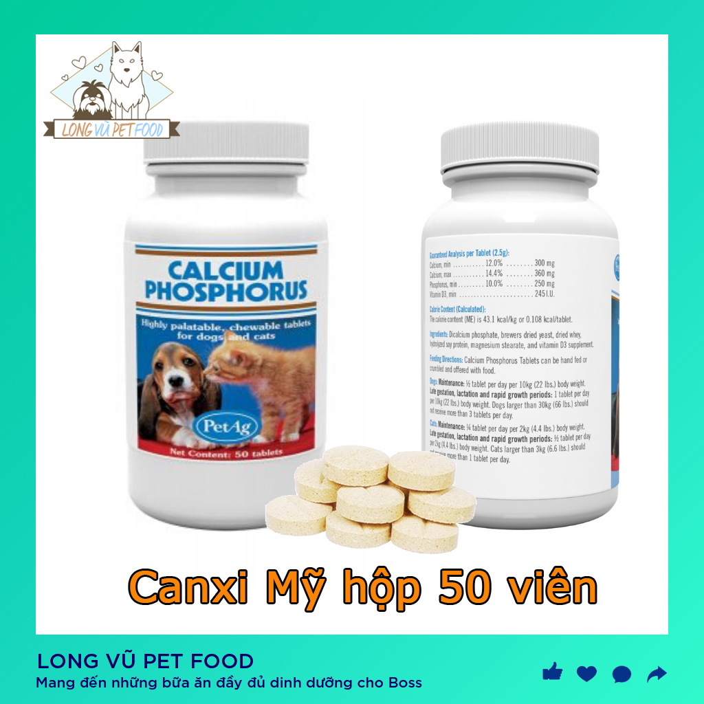  CALCIUM PHOSPHORUS Canxi cho chó mèo hộp 50 viên - Canxi Mỹ - Long Vũ Pet Food 