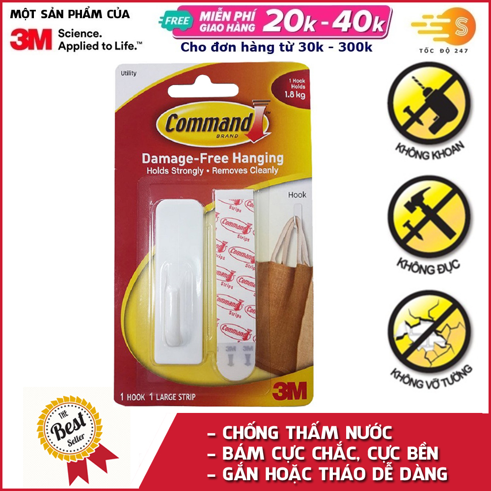 Móc treo tường cường lực siêu dính 1.8kg Command 3M 17503 - Tốc độ 247 chống bám nước bám cực chắc cực bền