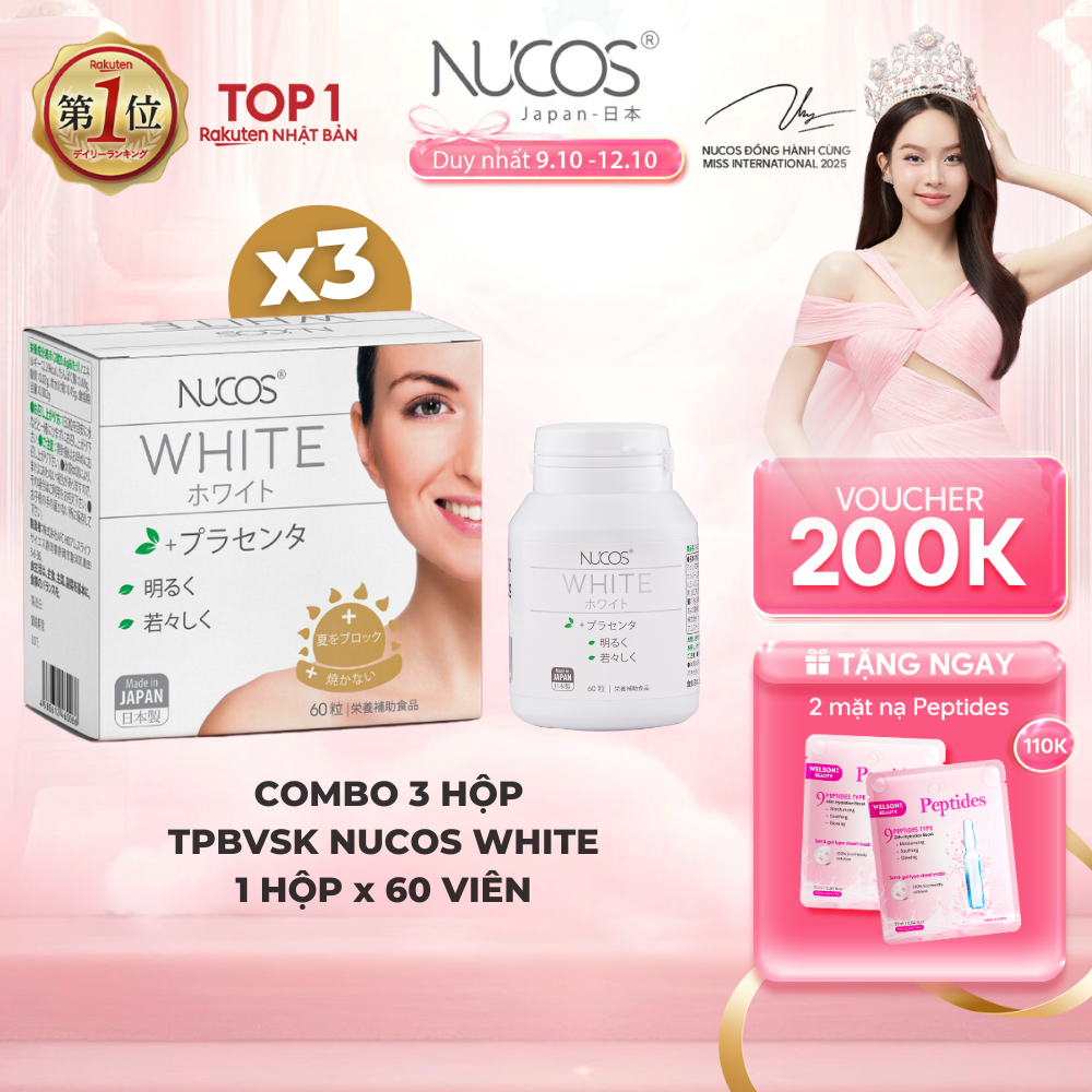 Combo 3 hộp TPBVSK Viên Uống Trắng Da Nucos White Giúp Mờ Thâm Nám, Sáng Da, Chống Nắng 60 viên