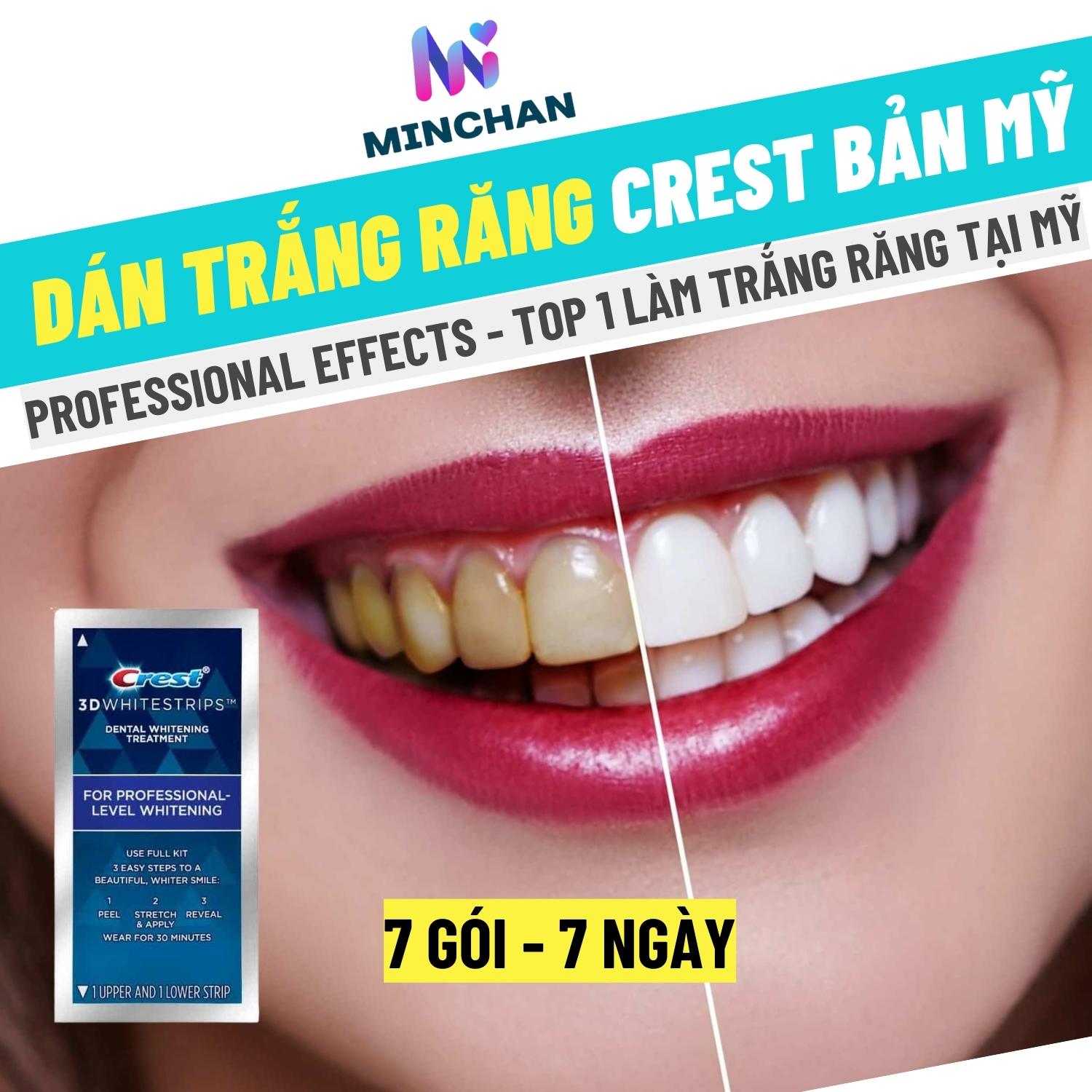 [Hàng USA]Dán trắng răng Crest 3D White Professional Effects USA 14 miếng (7 gói- 7 ngày) - MinChan Mẫu Mới 2022