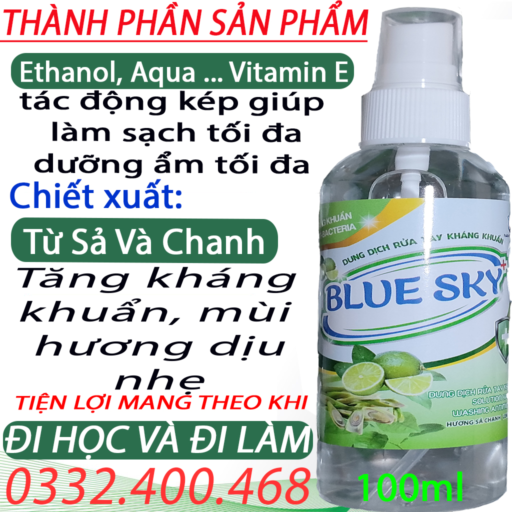 Xịt rửa tay kháng khuẩn làm sạch vượt trội, x3 dưỡng ẩm không gây khô da blue sky 100ml