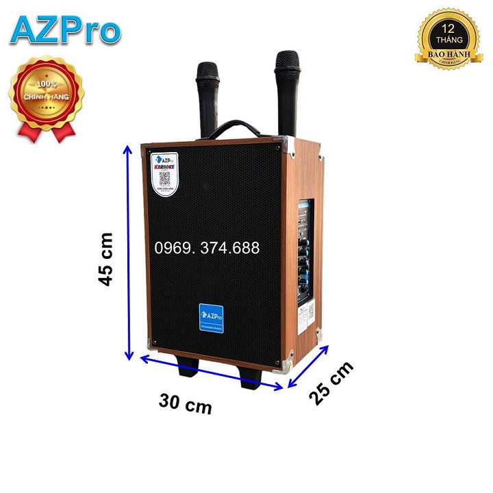 Loa kéo di động Bluetooth chính hãng AZPRO,AZ-8-A,Bass 20 thùng gỗ,tặng 2 mic không dây hát Karaoke