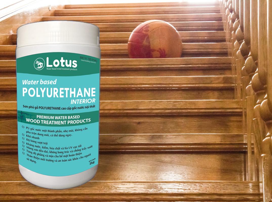 Son gỗ - Sơn phủ bóng/ mờ gỗ PU hệ nước, không dung môi, nhẹ mùi, dùng trong nhà - Lotus water based PU interior for wood - 1kg