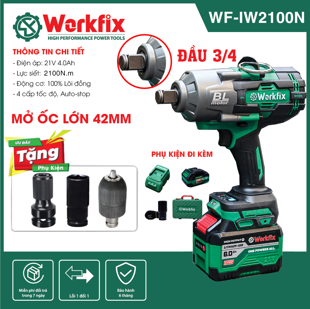 Bộ máy bắn bulong workfix 2100n siêu khỏe, máy siết ốc, máy vặn bulông dùng pin chính hãng - máy siết bulong cầm tay - đầu kim loại đa năng bắn vít, khoan, vặn ốc, mở ốc