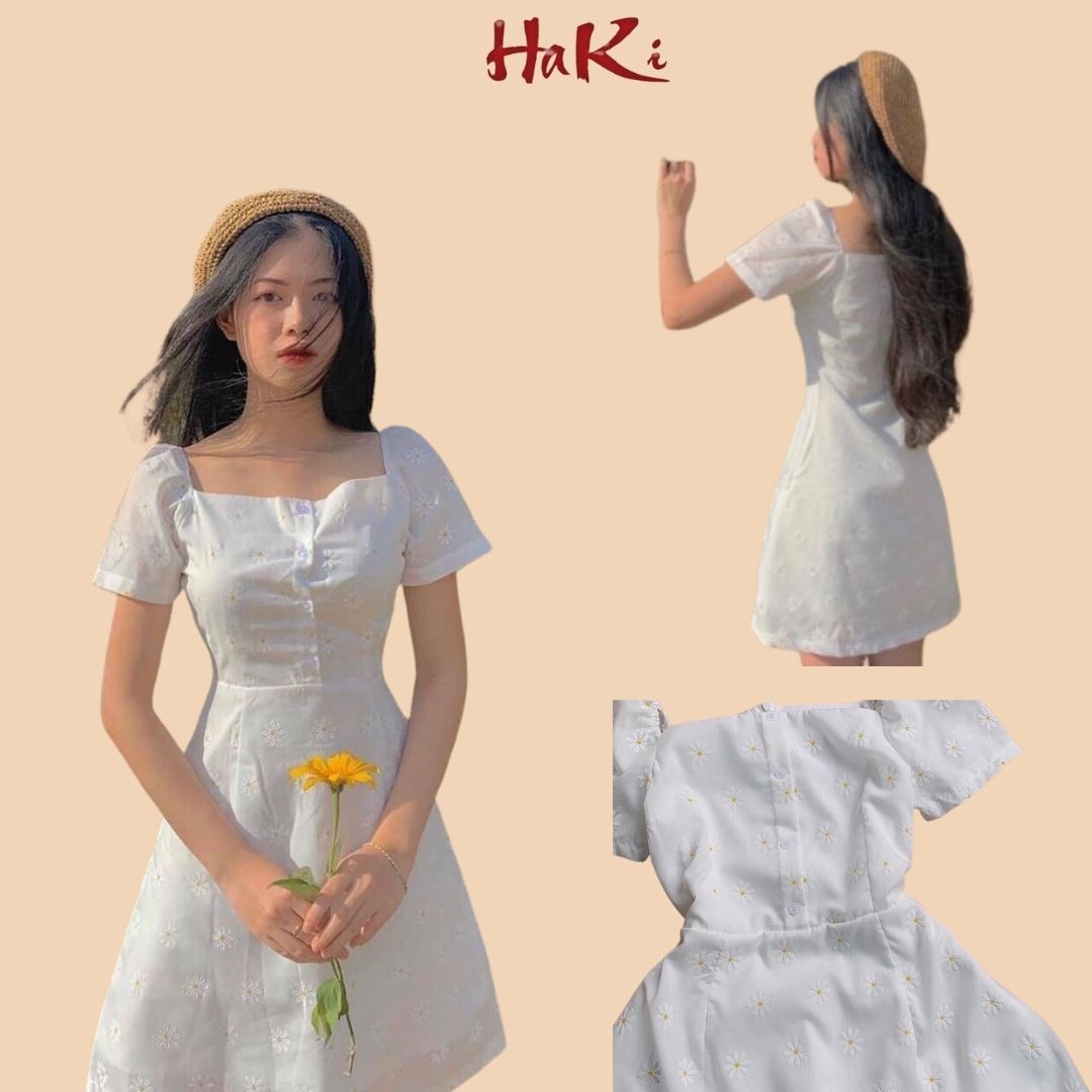 [HCM]Đầm váy nữ dạo phố hoa cúc màu Trắng thêu họa tiết phong cách thời trang HAKI MSP025 chất Kate mịn