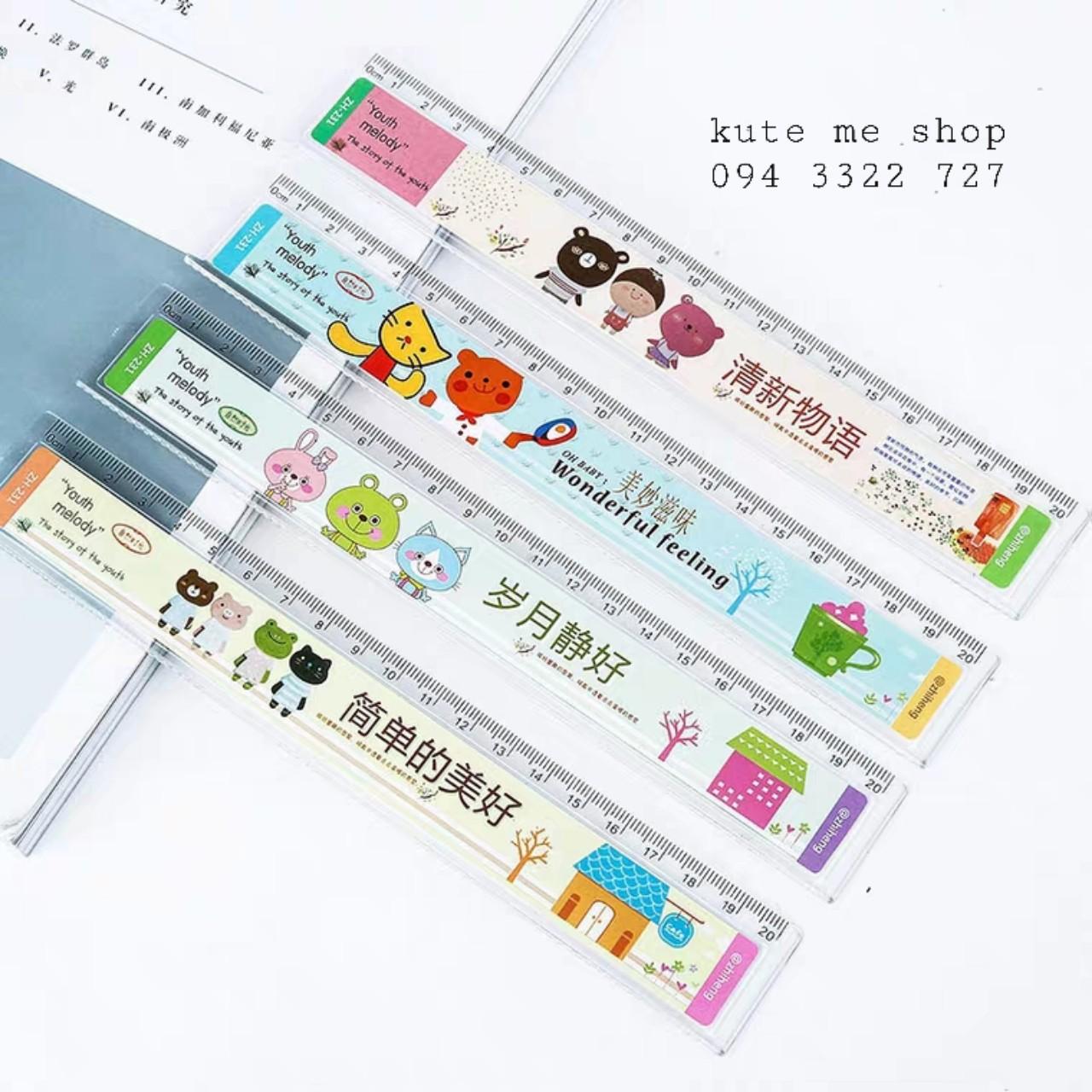 Set 4 trong 1 chỉ 14k: thước nhựa vườn thú + bút chì đầu gôm hình thú + chuốt chì + sổ tay