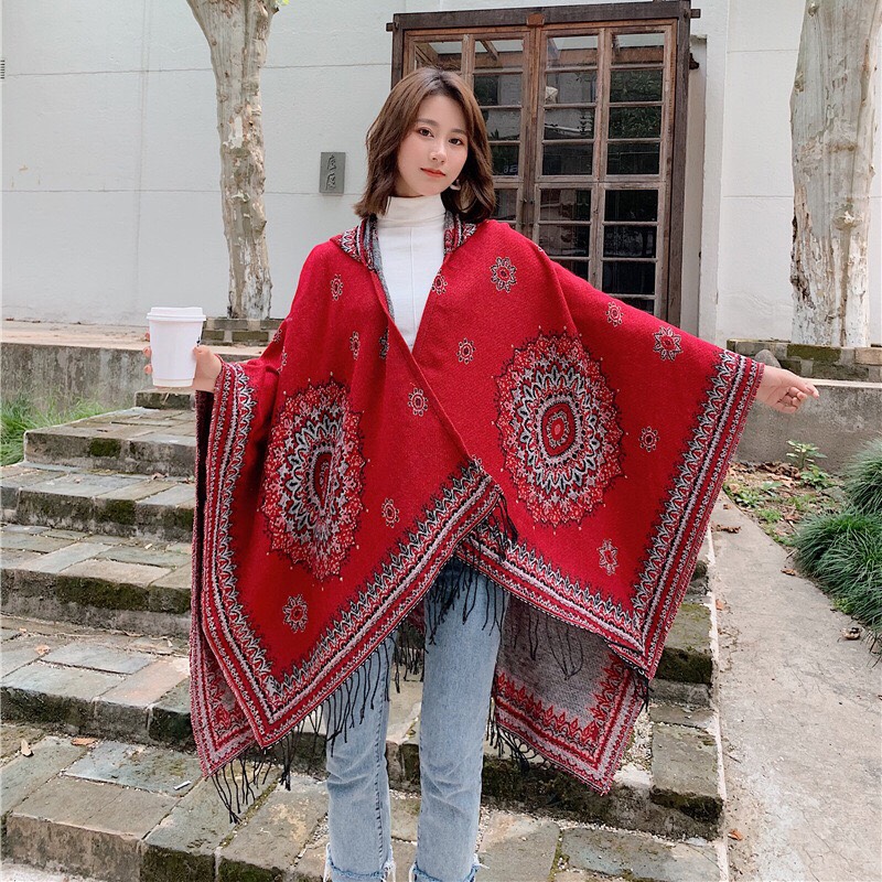 Khăn Áo choàng boho thổ cẩm có mũ khăn choàng len dạ mùa đông dạng khoác ngoàisize 150*130cm - Mã LE29 The Collar Box
