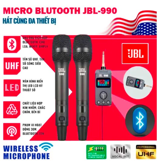 HÀNG MỸ | Micro Không Dây JBL 990, Tương Thích Nhiều Thiết Bị, Micro Hát Karaoke, Nói Chuyện Trong Nhà, hội trường, Trên Sân Khấu, Độ Nhạy Cao, Hút Âm Tốt, Cho Âm Thanh To Và Rõ