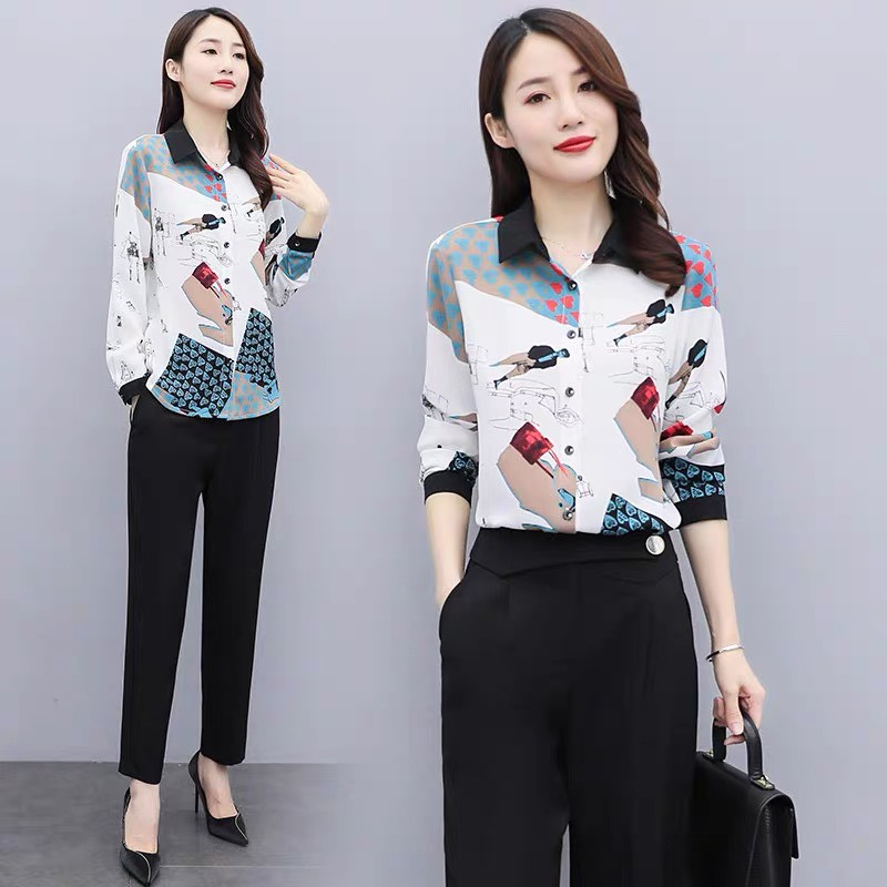 Áo sơ mi kiểu nữ phối họa tiết thanh lịch sang trọng hbmt