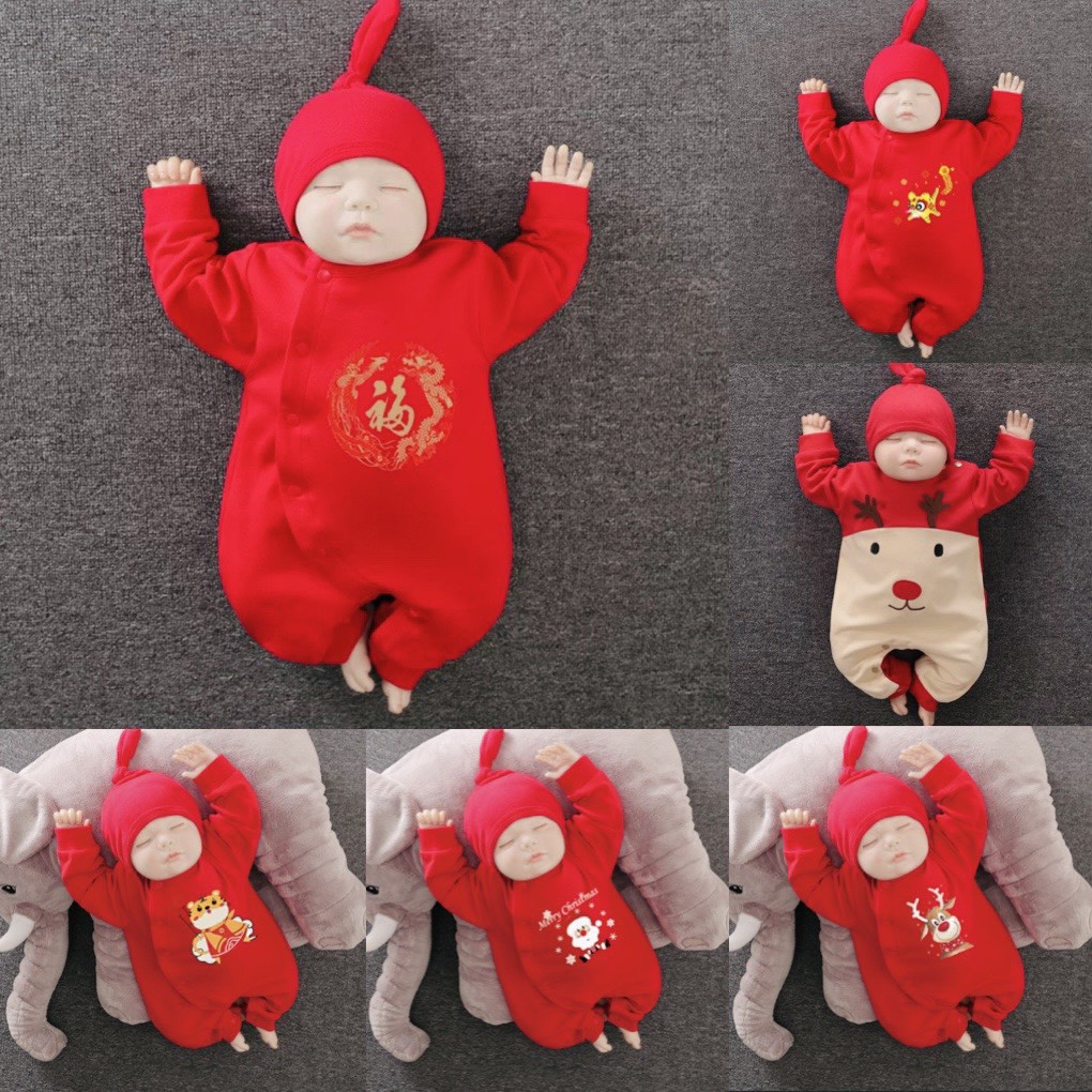 Body đỏ tết noel giáng sinh năm mới Bodysuit dài tay có mũ Hàng Quảng Châu cao cấp cho bé trai bé gái