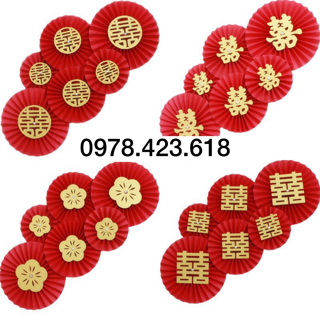 Quạt giấy đỏ happy new year 2023 - sét 6 quạt giấy đỏ trang trí tết, sinh nhật