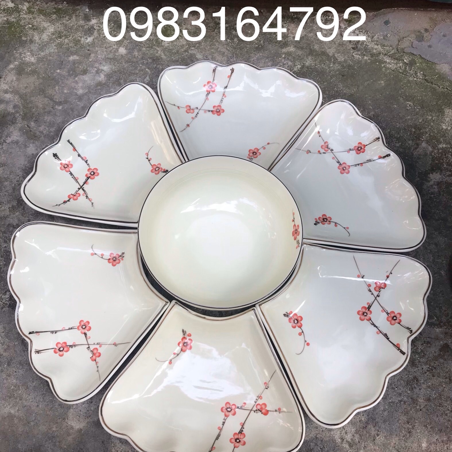 Bộ đĩa hoa mặt trời vẽ hoa đào hàng Bát Tràng