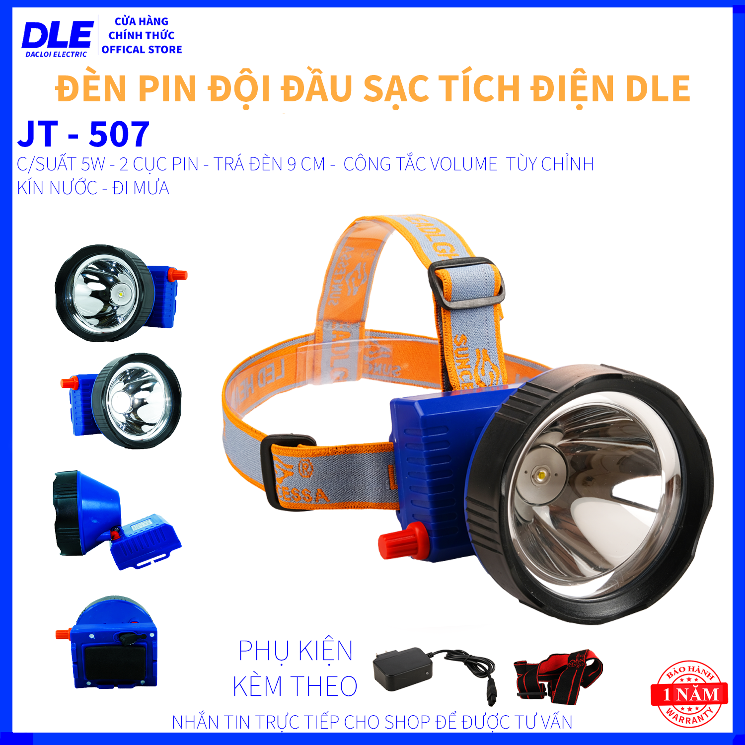 Đèn pin đội đầu 507 5w - nhập khẩu thái lan - 2 cục pin - chống nước - lặn biển 10 mét