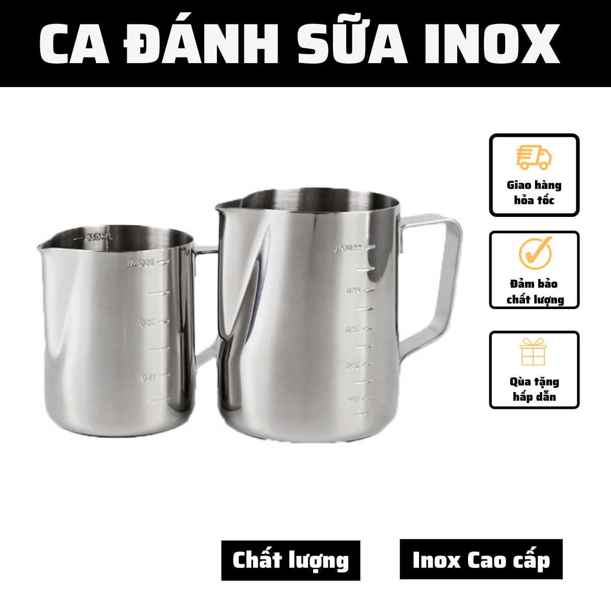 Ca đánh sữa lạnh Inox 304 cao cấp dung tích 350-550- 600ml pha latte tạo hình nghệ thuật cà phê Espresso dụng cụ pha chế