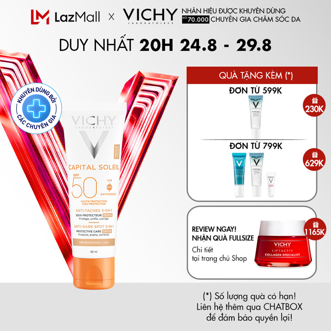 Kem chống nắng giảm thâm nám SPF 50+ Vichy Capital Soleil UVB+UVA Anti Dark Spot 3 in 1