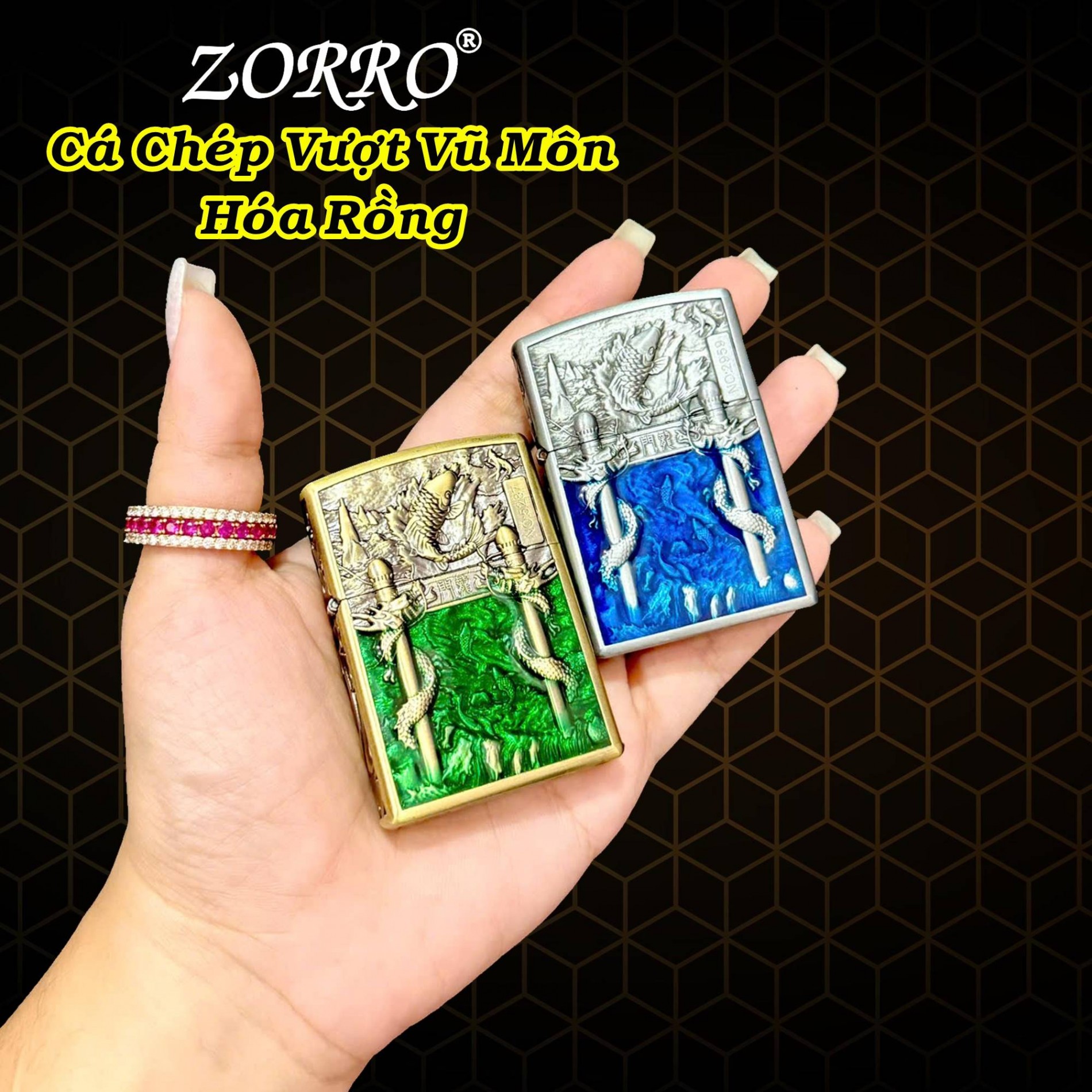 HỘP QUẸT BẬT LỬA ZIPPO ZORRO KHẮC NỔI DẬP 6 MẶT HÌNH CÁ CHÉP VƯỢT VŨ MÔN HÓA RỒNG - Thương hiệu Zippo Giá 159,000 Đồng*Miễn phí vận chuyển