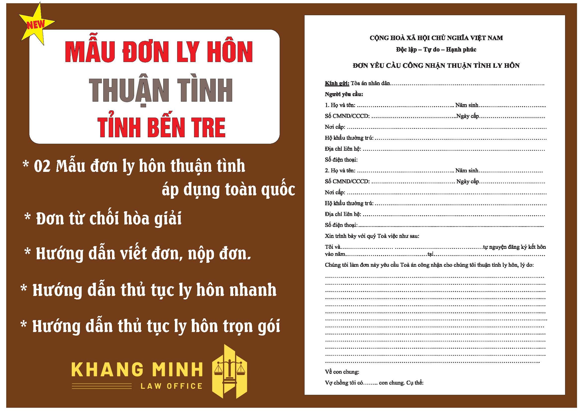 Đơn ly hôn thuận tình tòa án Bến Tre + Đơn từ chối hòa giải+ Hướng dẫn viết đơn