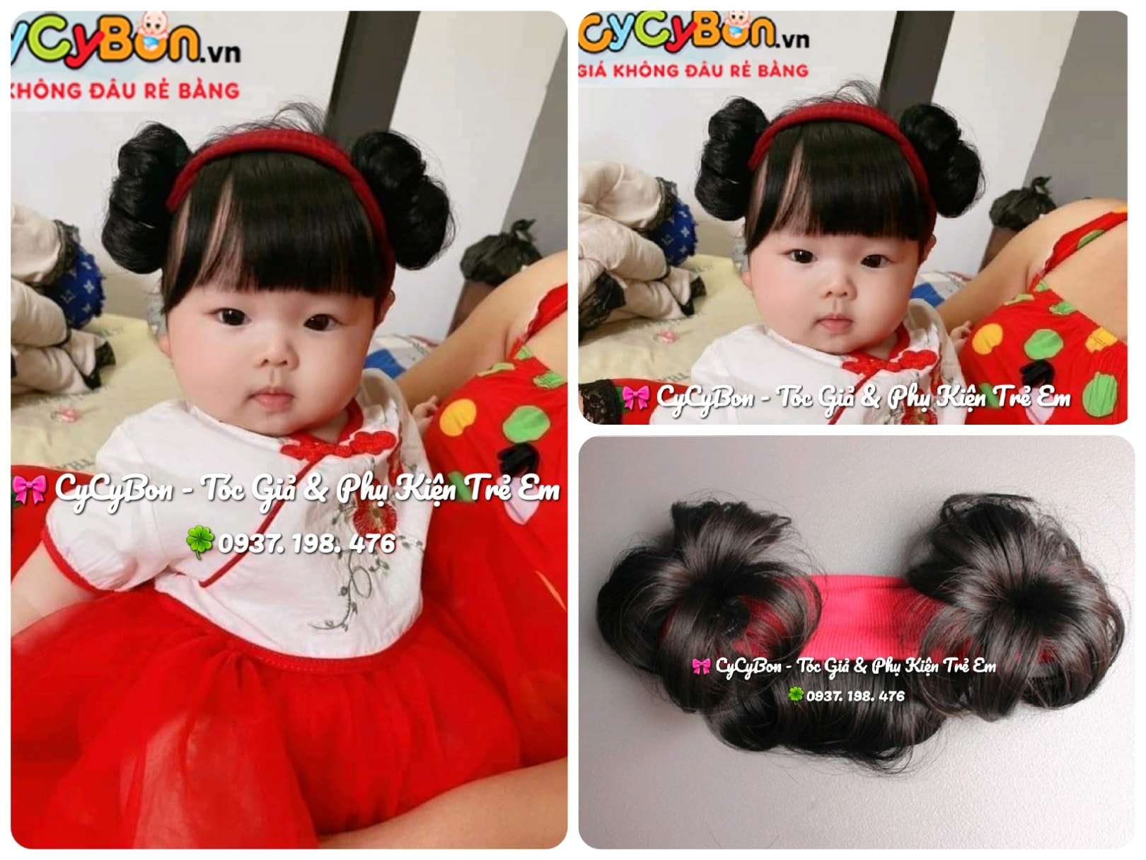 Băng đô turban cho bé tóc giả kẻm tóc mái xoăn và búi tóc giả tròn natra hai bên màu đỏ đô diện tết siêu iu !