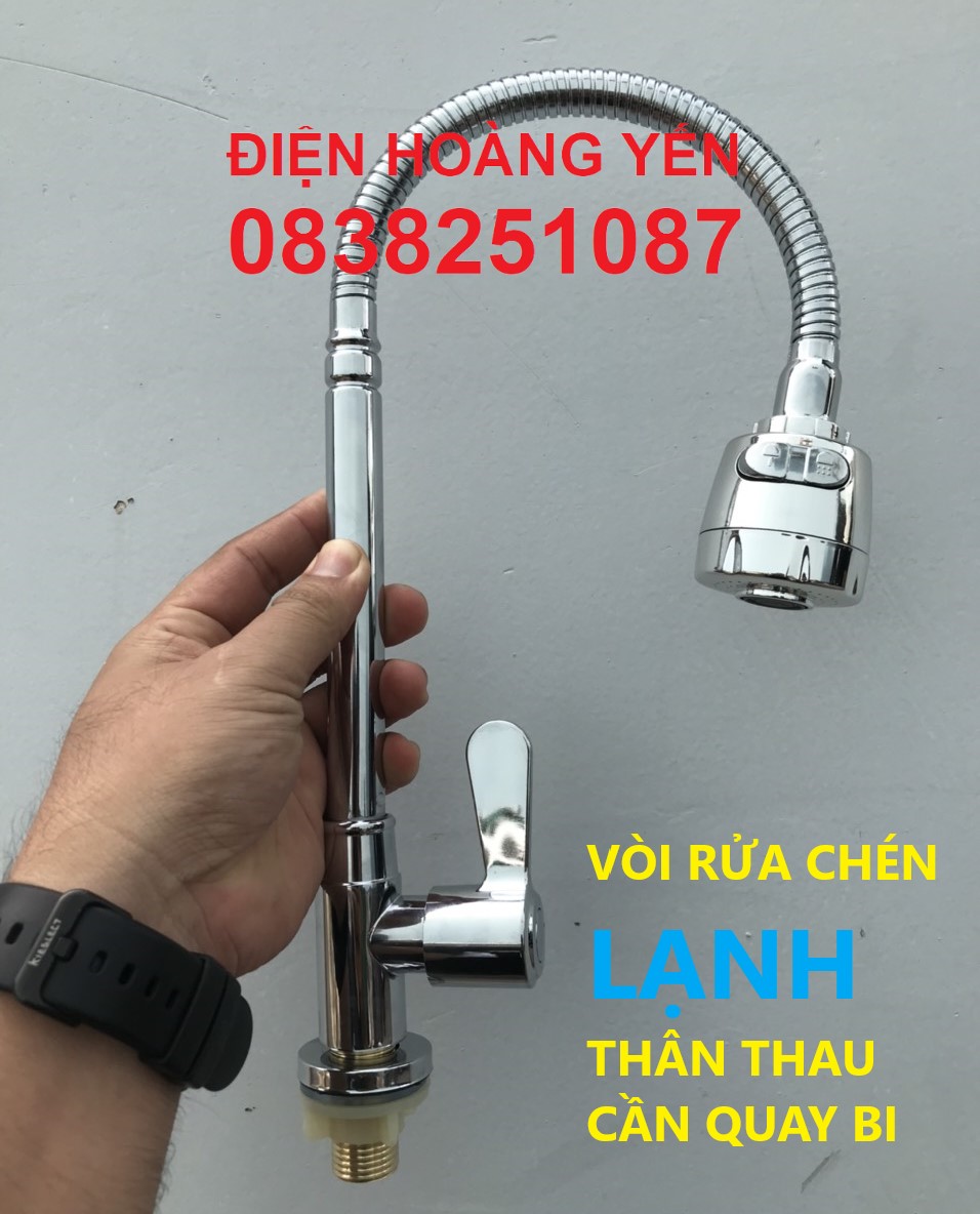 Vòi lạnh rửa chén bát ống bẻ thân đồng thau xi inox cần quay bi