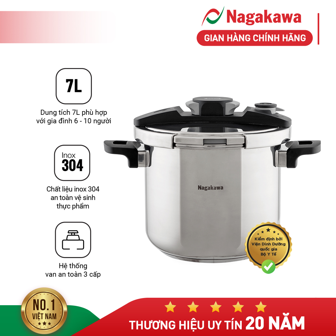 Nồi áp suất Nagakawa NAG1472, dung tích 7L, đáy từ dùng được cho mọi loại bếp, lòng nồi inox 304, Van kép 3 cấp an toàn - Hàng chính hãng