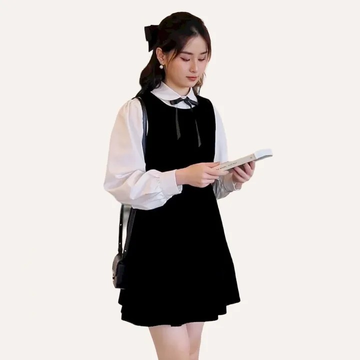 Set váy áo sơ mi nữ Linly Store đầm babydoll chất nhung